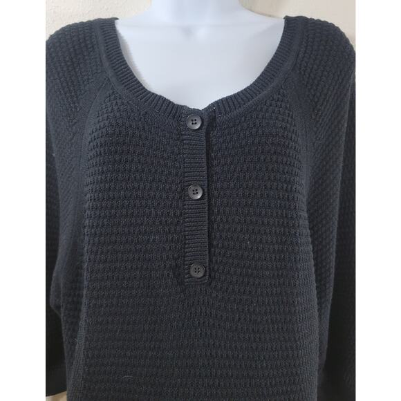 Black Waffle Knit V Neck 3 Button Henley Sweater XL 3/4 Sleeves Soft Stretchy - Picture 2 of 4